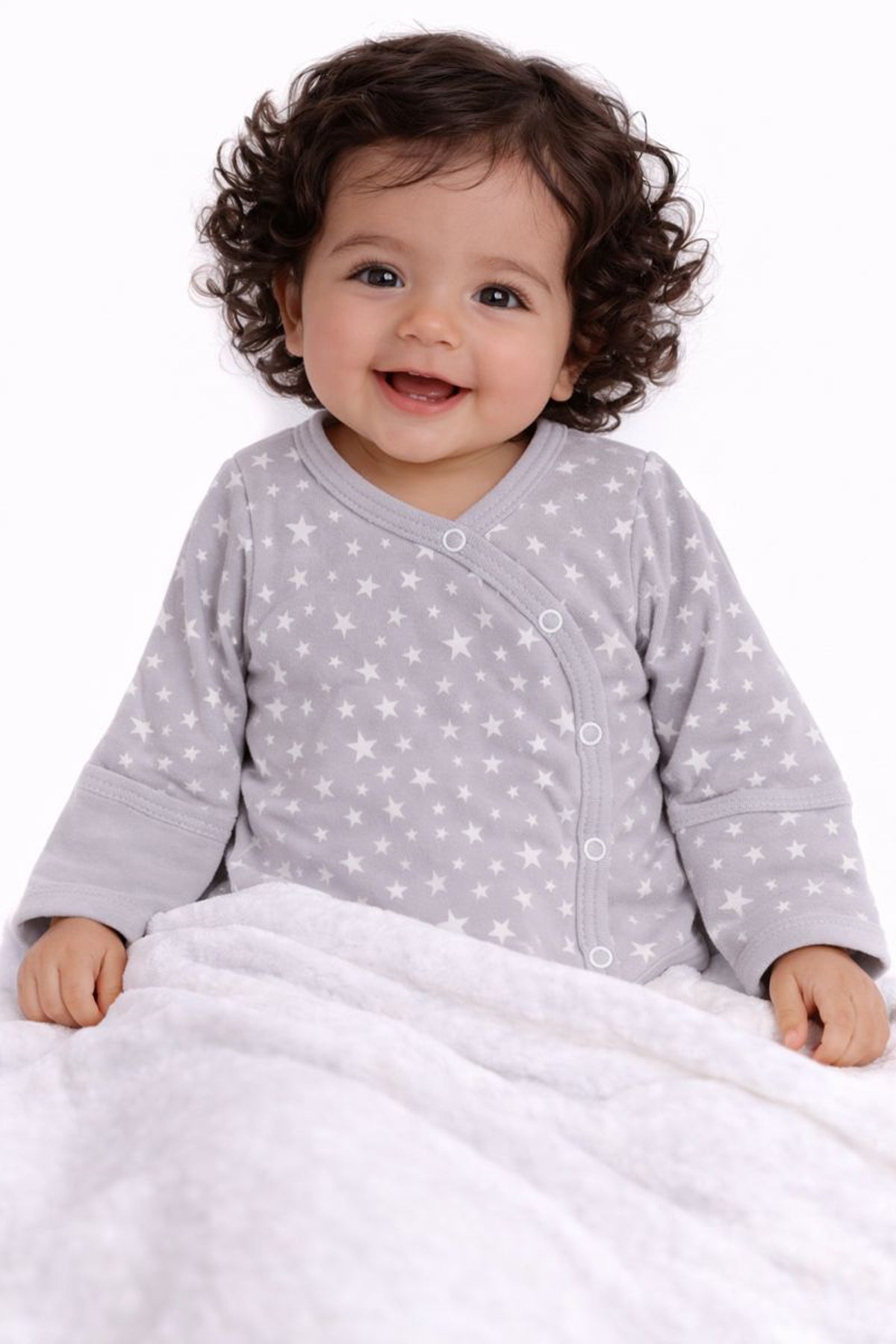 Baby Wickelbody in Grau mit Sternchen Body Langarmbody mit Kratzschutz