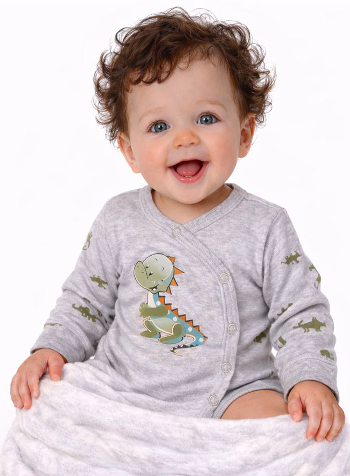 Baby Body Wickelbody langarm in Grau mit Dino-Muster