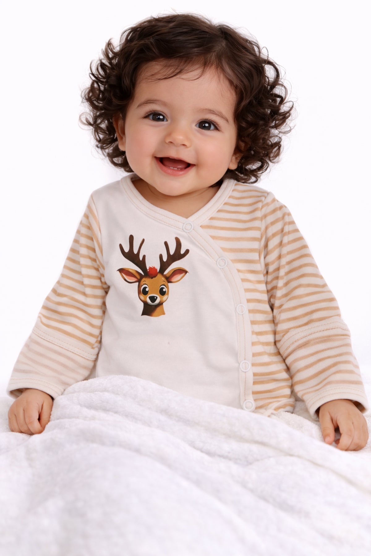 Baby Body Wickelbody langarm in Creme mit Rentier gestreift