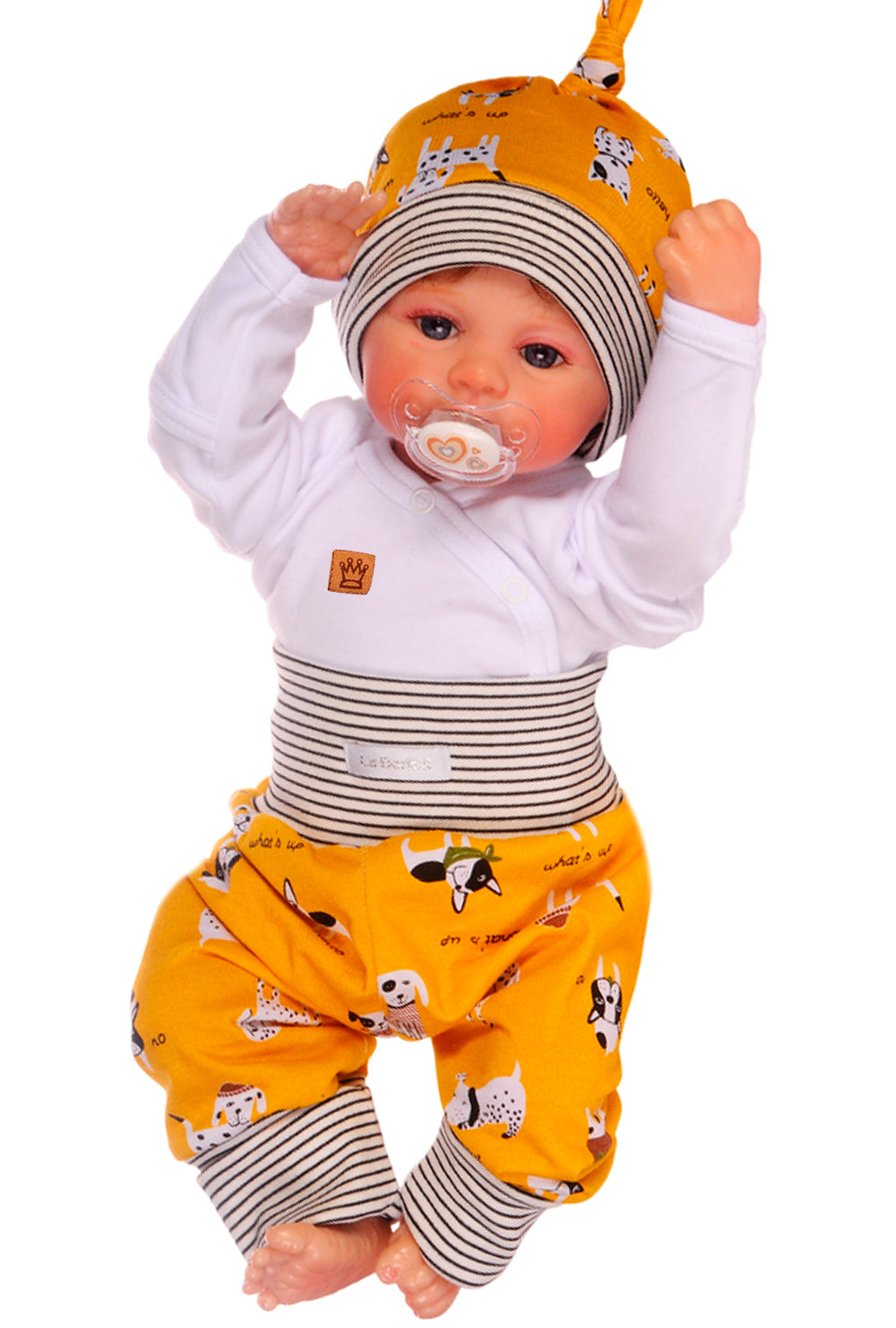 Baby Anzug Erstlingsset Wickelbody Mitwachshose Mütze Set weiß gelb