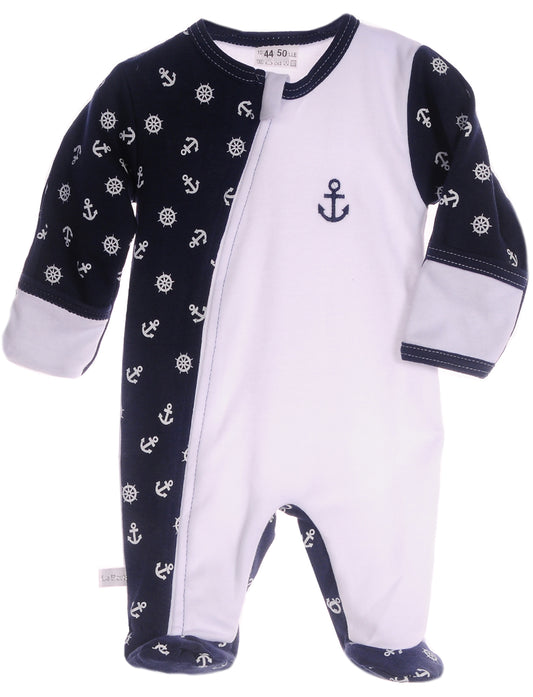 Baby Strampler Schlafanzug in weiß blau mit Anker Motiv