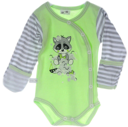 Baby Body in Grün mit Waschbär Wickelbody mit Kratzschutz