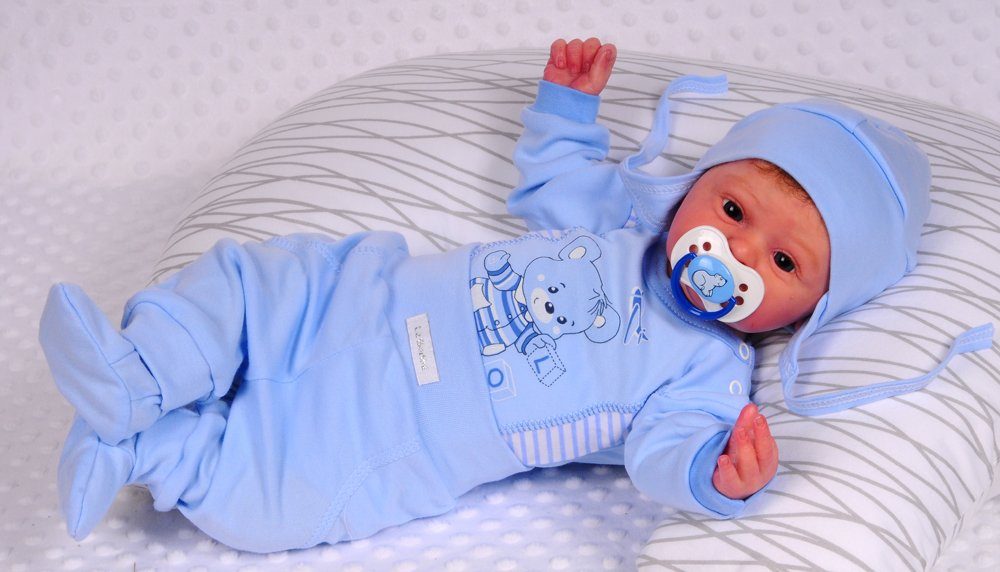 Body Hose und Mütze 3Tlg Baby Anzug in Blau mit Bärchen Motiv