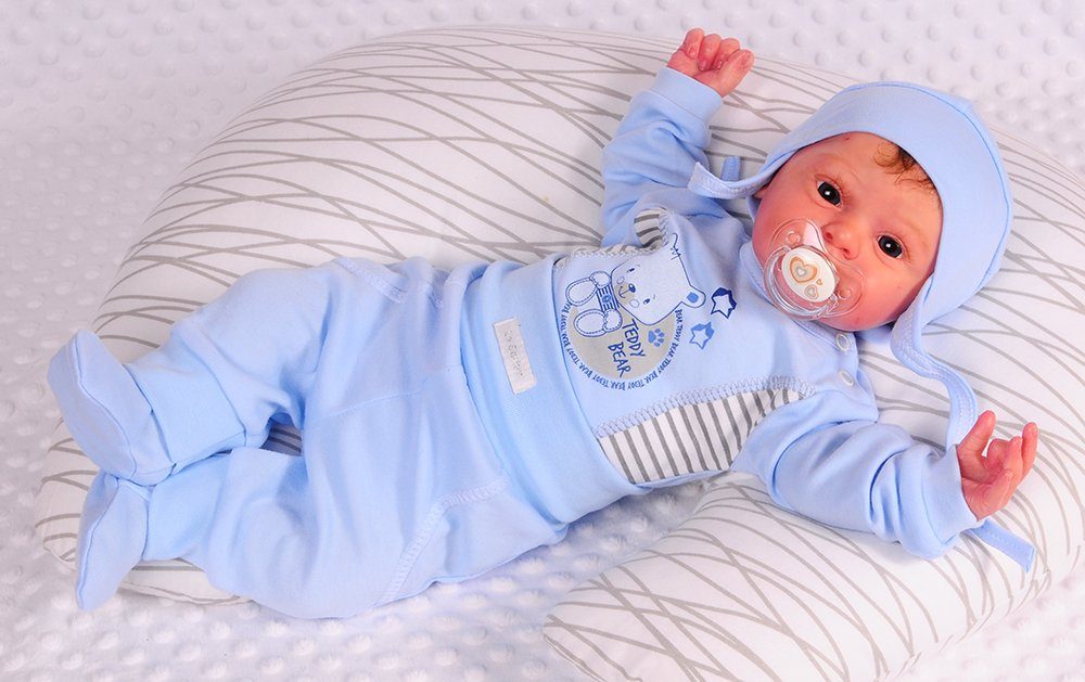 Body Hose und Mütze 3Tlg Baby Anzug in Blau mit Bärchen Aufdruck